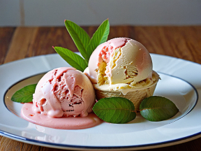 Vanilla Strawberry Swirl Ice Cream Scoops Garnished with Fresh Mint Leaves on a Plate