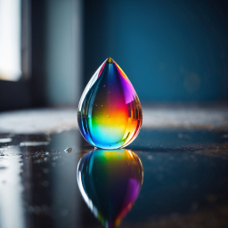 Iridescent Spherical Droplet Displaying Rainbow Patterns on a Reflective Surface