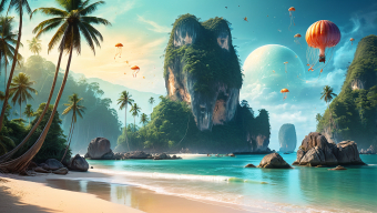 Sunset Over a Fantastical Island: A Surreal Landscape with Hot Air Balloons and Distant Celestial Wonders