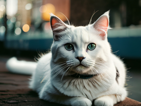 Fluffy Cat with Wide Eyes Poses Attentively on Urban Street Background