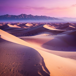 Sunlit Desert Dunes at Dawn with Distant Mountain Range