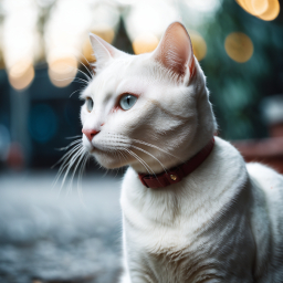 Close-Up Portrait of a Striking Blue-Eyed Domestic Cat with Distinctive Facial Markings