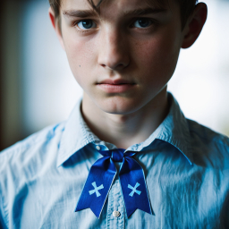 Contemplative Moment: Portrait of a Person in Blue Shirt with Emblematic Bow Tie Indoors