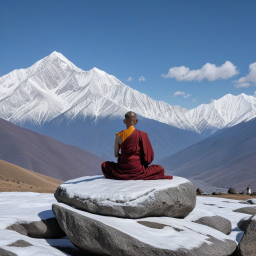 Meditation in the Himalayas: A Buddhist Monk Embracing Serenity Amidst Snow-Capped Mountains