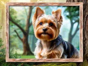 Yorkie Portrait Comes to Life: A Charming Dog Steps Out of the Frame in a Forest Setting