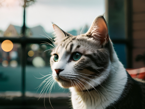Close-Up of a Striking Blue-Eyed Tabby Cat in Warm Indoor Light
