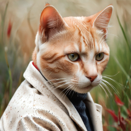 Cat in a Coat Sitting Among Tall Grass in a Natural Garden Setting