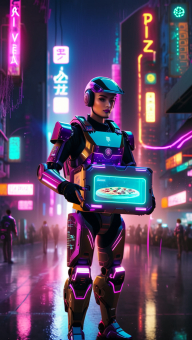 Cybernetic Delivery: Neon-Lit Android in a Futuristic Urban Nightscape