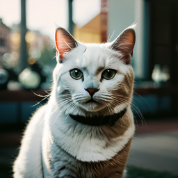 Close-Up Portrait of a Fluffy Adult Cat with Green Eyes Wearing a Collar Outdoors