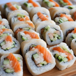 Fresh Salmon and Cucumber Sushi Rolls Served on a Wooden Platter