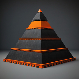 Abstract 3D Pyramid Sculpture with Black and Orange Striped Layers
