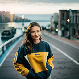 Woman in Colorful Sweater Standing on Pedestrian Bridge Overlooking Urban Waterfront at Dusk