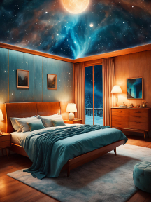 Cozy Space-Themed Bedroom with Starry Night View and Warm Wooden Accents