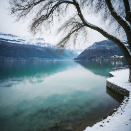 Serene Winter Reflections at a Snow-Covered Mountain Lake