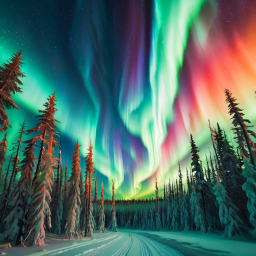 Breathtaking Winter Aurora Borealis Over Snow-Covered Forest and Accessible Northern Road