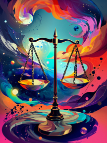 Vibrant Harmony: A Psychedelic Abstract Featuring a Golden Balance Scale