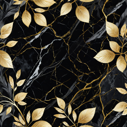 Luxurious Black and Gold Marble Background with Ornate Golden Floral Accents