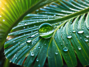 Sunlit Dewdrops on Glossy Green Leaves: A Vibrant Close-Up of Nature's Morning Glow