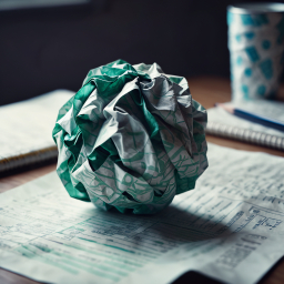 Cluttered Workspace with Crumpled Paper, Documents, and Books