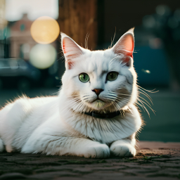 Relaxed Cat on Urban Stone Pavement in Warm Evening Light