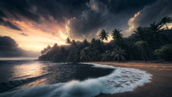 Tranquil Tropical Sunrise: Vibrant Beachscape with Palm Trees and Island Silhouette