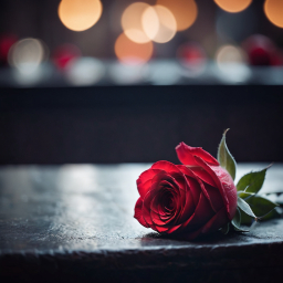 A Dew-Kissed Red Rose on Wood Amidst Warm Candlelight Glow