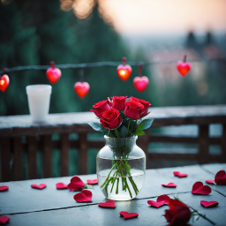 Romantic Outdoor Dinner Setup with Red Roses and Heart Decorations at Sunset