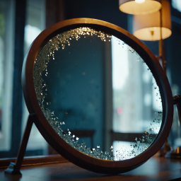 Shattered Reflection: A Cracked Round Mirror on a Stand in Natural Light