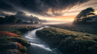 Tranquil Valley at Sunrise: A Serene River Winding Through Lush Hills