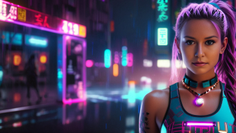 Cyberpunk Night: Neon-Lit Cybernetic Warrior in a Rainy East Asian Cityscape