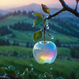 Iridescent Illuminated Apple: A Surreal Fusion of Nature and Light in a Scenic Landscape