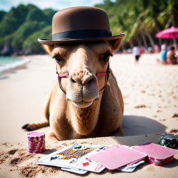 Poker Face: Camel Headed Gambler Enjoying a Beachside Game