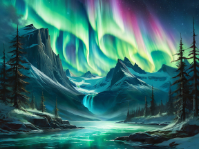 Serene Winter Night: Aurora Illuminates Snow-Covered Mountains and Reflective River