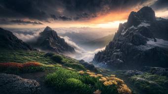 Majestic Mountain Peaks at Sunrise: A Dramatic Wilderness Landscape