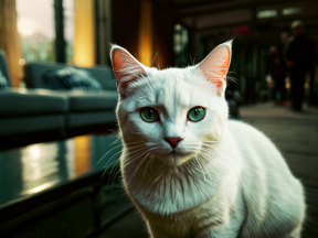Majestic Blue-Eyed Cat Poses Gracefully in Bustling Lobby Setting