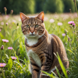 Alert Tabby Cat Enjoying a Sunny Day in a Flower-Filled Field