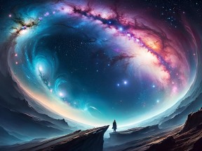 Contemplating the Cosmic Whirlpool: A Lone Figure in a Surreal Galactic Landscape