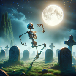 Spooky Animated Skeleton Standing Among Graveyard Tombstones Under a Full Moon