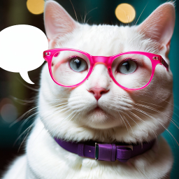Adorable White Cat with Blue Eyes Wearing Pink Glasses and Speech Bubble