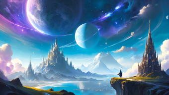 Enchanted Realms: Twin Castles Beneath a Ringed Celestial Sky