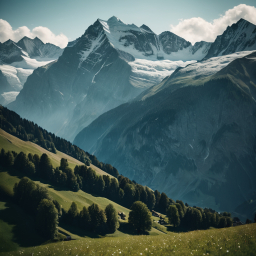 Tranquil Alpine Landscape: Lush Meadows and Majestic Snow-Capped Mountains