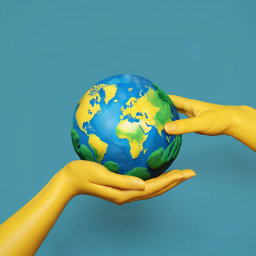 Gloved Hands Holding a Vibrant Earth Illustration Against a Light Blue Background