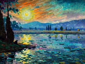 Tranquil Sunrise Over a Lakeside Village