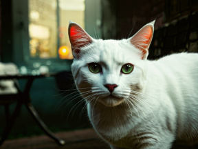 Striking Gaze: A Vibrant-Eyed Cat in an Urban Outdoor Setting