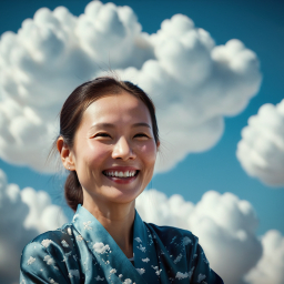 Joyful Moment in Traditional Kimono Against a Serene Blue Sky