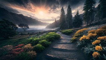 Sunset Serenity: A Tranquil Wilderness Path Through Rolling Hills
