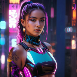Cyberpunk Neon Night: Vibrant Purple-Haired Futuristic Fashion in Urban Sci-Fi Cityscape