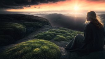 Serene Sunrise: A Woman Contemplating Nature from a Rocky Overlook