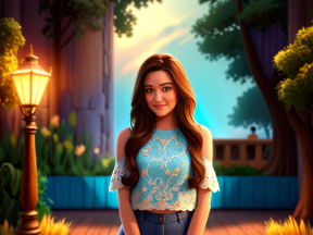 Animated Young Girl in Floral Top and Jeans at Dusk in Cozy Outdoor Setting