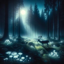 Enchanted Forest Night: A Deer Among Glowing Mushrooms Under the Moonlit Sky